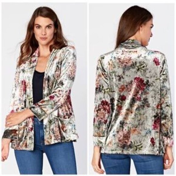 XCVI Light Gray Floral Crushed Velvet Floral Draping Cardigan Medium - Picture 1 of 13